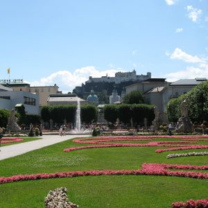 The great parterre of the Mirabell gardens looking south
