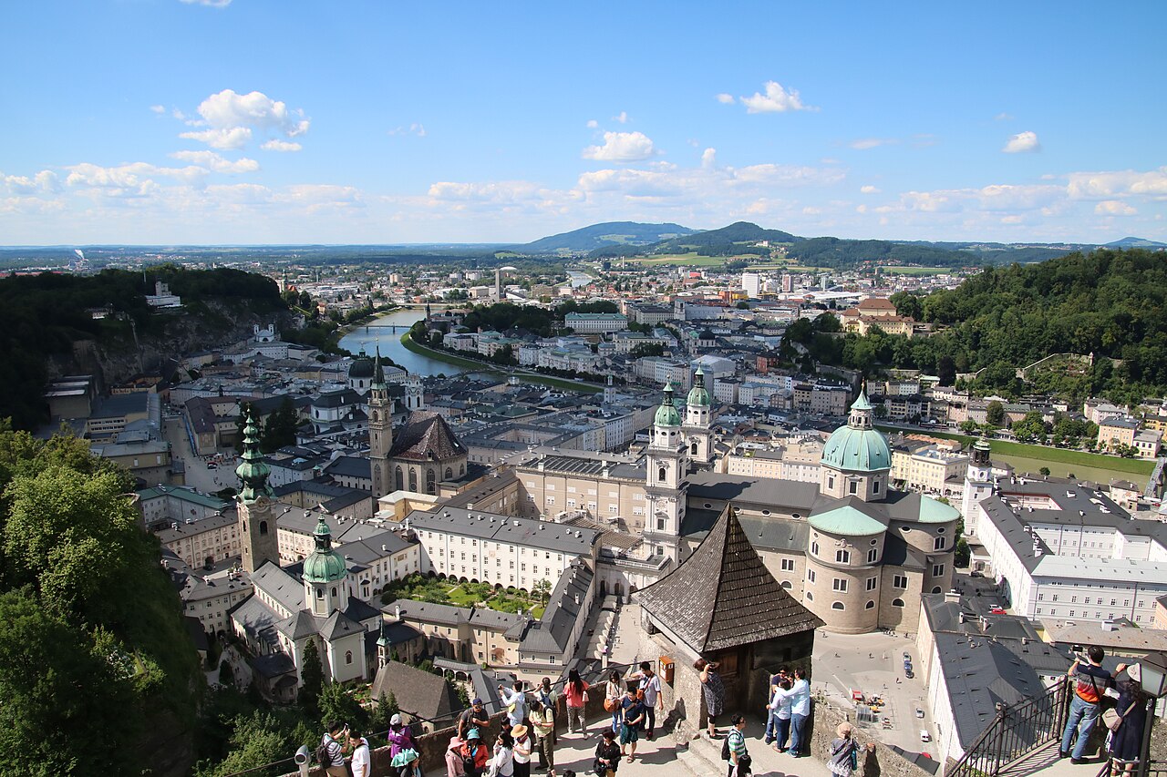 Looking down from the fortress over a crowded bastion with a pointed-roof sentry box to the old town: St.