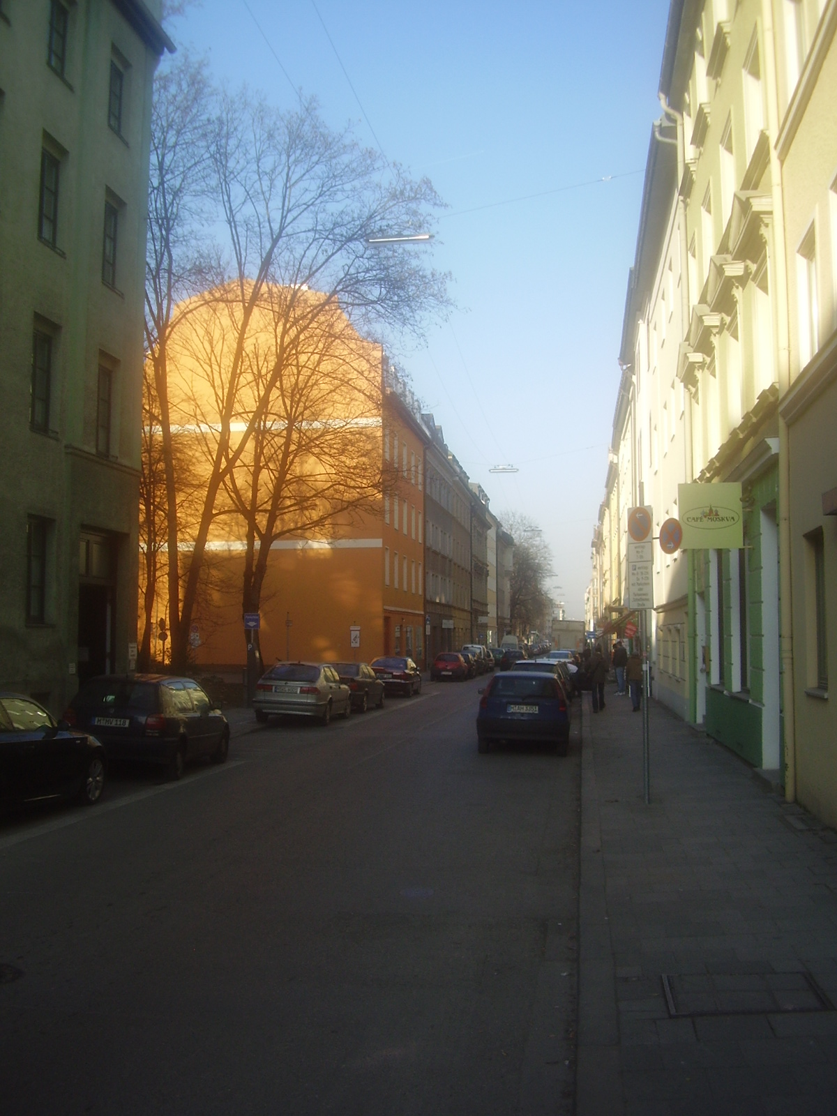 A straight city street of tall apartment houses with parked cars, bare trees and low sun.