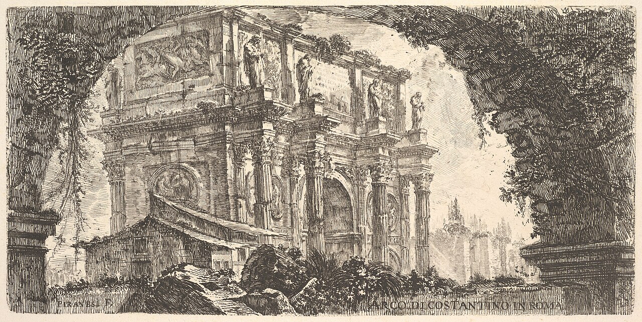 An etching of the triple arch framed by the dark curve of a ruined vault.