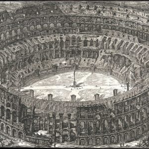 An etching of the oval amphitheater seen from above, its outer ring broken on one side, with a cross in the arena.