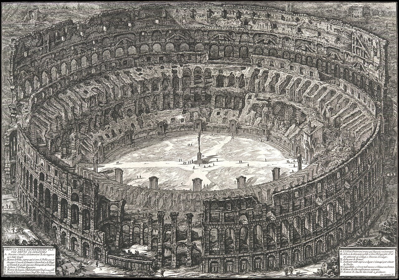 An etching of the oval amphitheater seen from above, its outer ring broken on one side, with a cross in the arena.