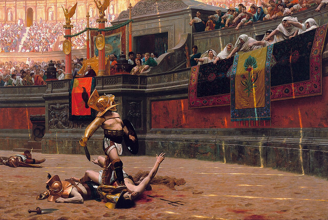 A painting of a gladiator in a helmet standing over a fallen man in a sunlit arena, while women in white in the front row point their thumbs.