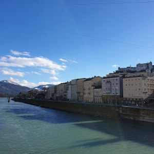 The Salzach seen upstream from the Staatsbrücke on a clear winter afternoon
