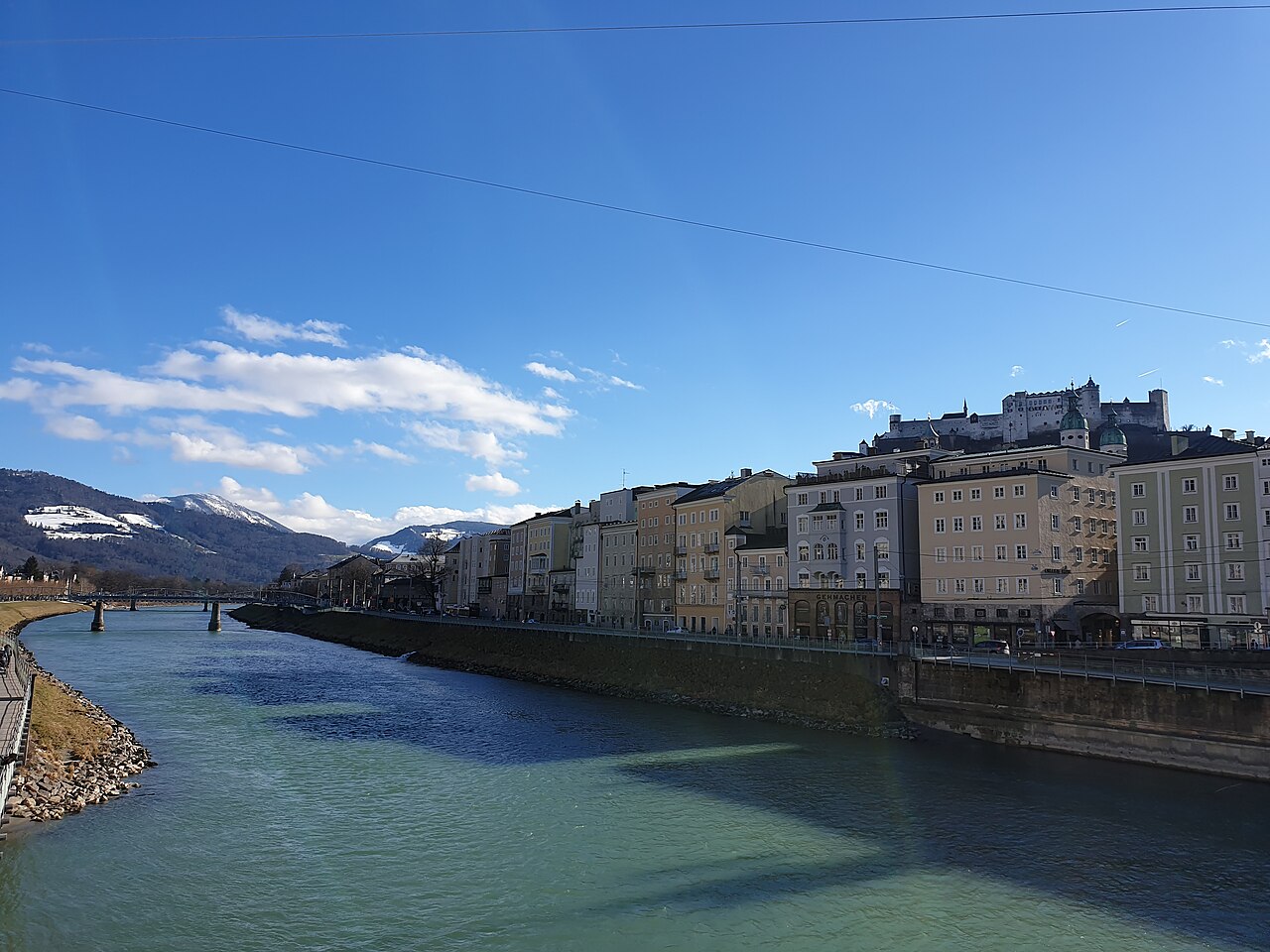 The Salzach seen upstream from the Staatsbrücke on a clear winter afternoon