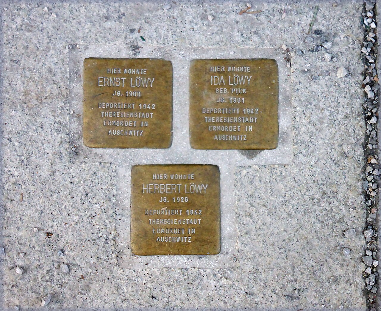 Three Stolpersteine set in a pale stone pavement slab at Linzer Gasse 5, reading: 'HIER WOHNTE ERNST LÖWY JG.