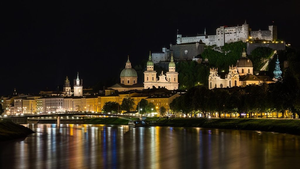 The old town across the Salzach at night, long exposure