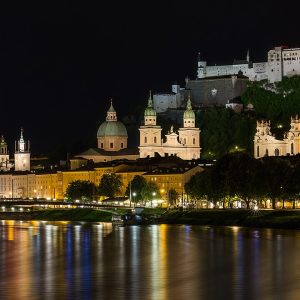 The old town across the Salzach at night, long exposure