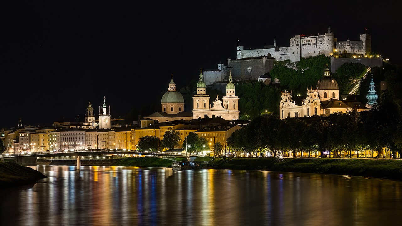 The old town across the Salzach at night, long exposure