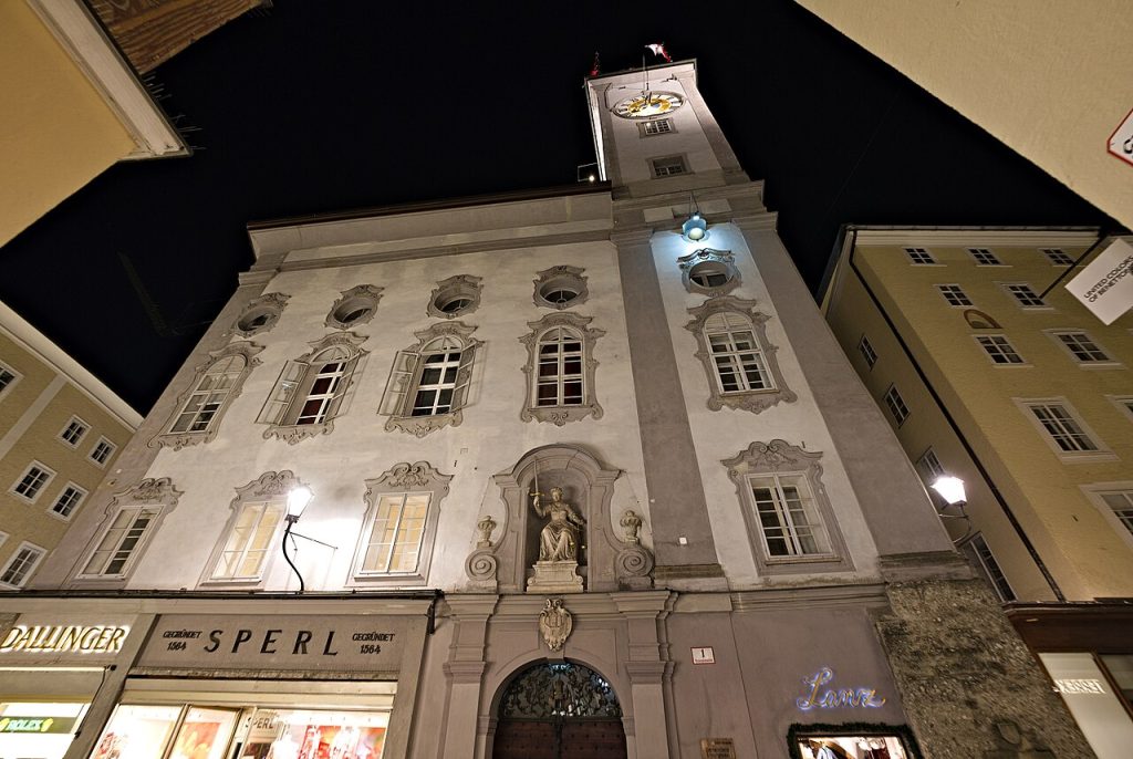 The Old Town Hall at night, photographed from close below with a wide lens