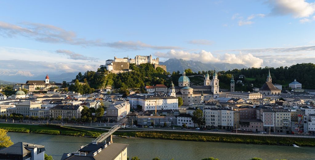 The old town seen from the Kapuzinerberg in golden evening light