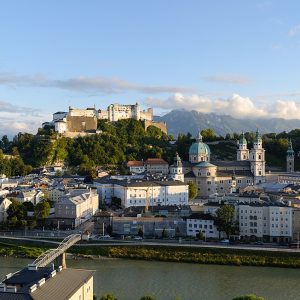 The old town seen from the Kapuzinerberg in golden evening light