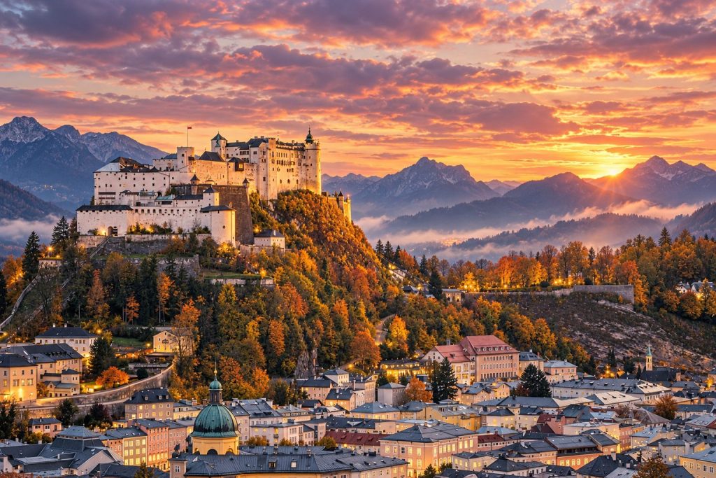 Illustration of Hohensalzburg fortress above Salzburg at sunset