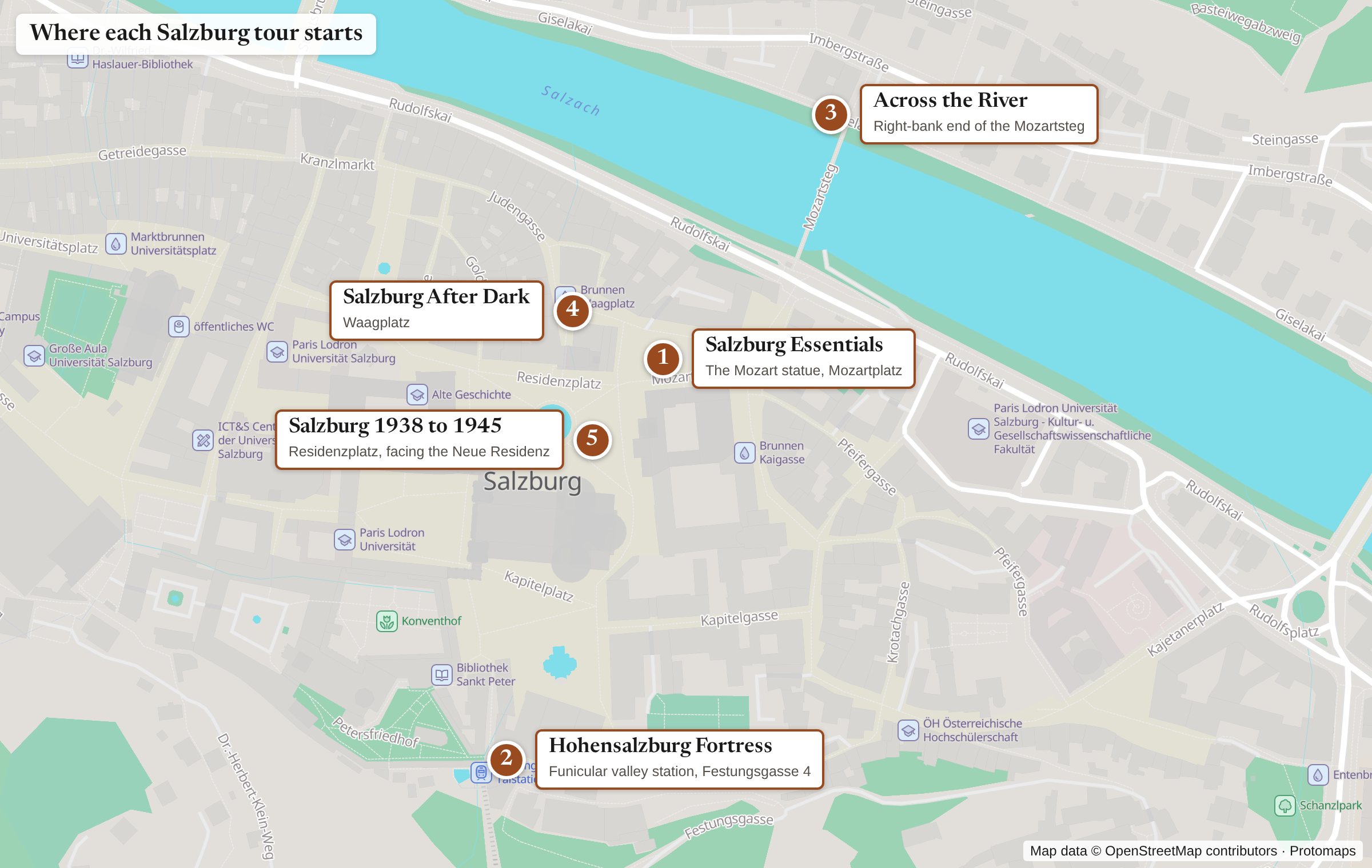 Map of Salzburg's old town showing where each tour starts